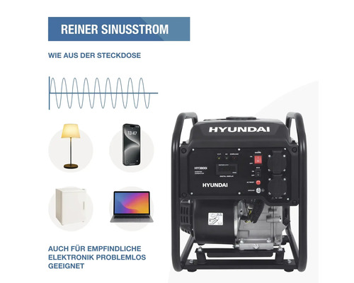 Hyundai Inverter Stromerzeuger HY3800i mit reinem Sinusstrom, geeignet für empfindliche Elektronik wie Laptops und Smartphones.