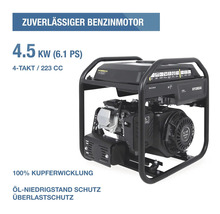 Hyundai Stromerzeuger mit 4,5 Kilowatt Benzinmotor, 4-Takt, 223 Kubikzentimeter, Kupferwicklung, Öl-Niedrigstandschutz und Überlastschutz.