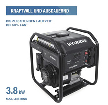 Hyundai Inverter Stromerzeuger HY3800i, 3,8 Kilowatt Maximalleistung, bis zu 8 Stunden Laufzeit bei 50 Prozent Last.
