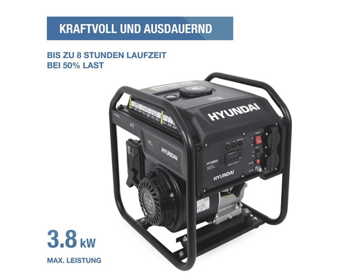 Hyundai Inverter Stromerzeuger HY3800i, 3,8 Kilowatt Maximalleistung, bis zu 8 Stunden Laufzeit bei 50 Prozent Last.