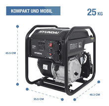 Kompakter Hyundai Inverter-Stromerzeuger HY3800i, 25 Kilogramm, Maße 45.5 Zentimeter Höhe, 35.5 Zentimeter Breite, 46.3 Zentimeter Tiefe.