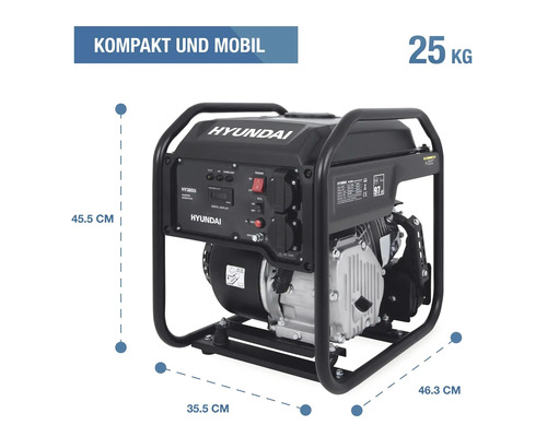 Kompakter Hyundai Inverter-Stromerzeuger HY3800i, 25 Kilogramm, Maße 45.5 Zentimeter Höhe, 35.5 Zentimeter Breite, 46.3 Zentimeter Tiefe.