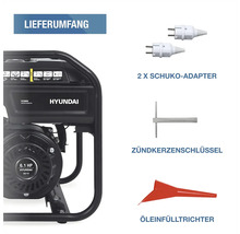 Lieferumfang des Hyundai Inverter Stromerzeugers mit zwei Schuko-Adaptern, einem Zündkerzenschlüssel und einem Öleinfülltrichter.