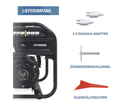 Lieferumfang des Hyundai Inverter Stromerzeugers mit zwei Schuko-Adaptern, einem Zündkerzenschlüssel und einem Öleinfülltrichter.