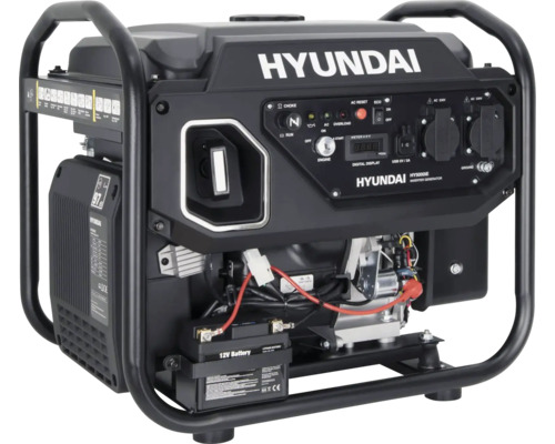 Hyundai Inverter-Stromerzeuger HY5000iE, tragbar, schwarz, mit Metallrahmen, Bedienfeld, Digitalanzeige und 12-Volt-Batterie.