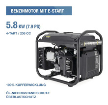Benzin-Stromerzeuger mit Elektrostart, 5,8 Kilowatt, 7,9 Pferdestärken, 4-Takt-Motor, 236 Kubikzentimeter, Kupferwicklung und Ölmangelsicherung.