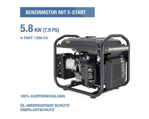 Benzin-Stromerzeuger mit Elektrostart, 5,8 Kilowatt, 7,9 Pferdestärken, 4-Takt-Motor, 236 Kubikzentimeter, Kupferwicklung und Ölmangelsicherung.