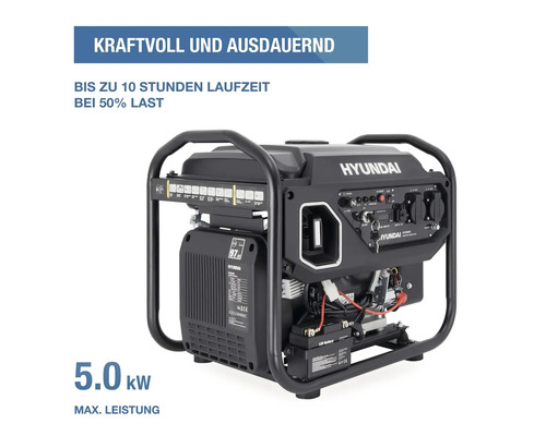 Hyundai Inverter Stromerzeuger mit 5,0 Kilowatt maximaler Leistung und bis zu 10 Stunden Laufzeit bei 50 Prozent Last.