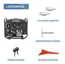 Hyundai Inverter-Stromerzeuger Set: Generator, zwei Schuko-Adapter, Zündkerzenschlüssel, Zündschlüssel und Öleinfülltrichter.