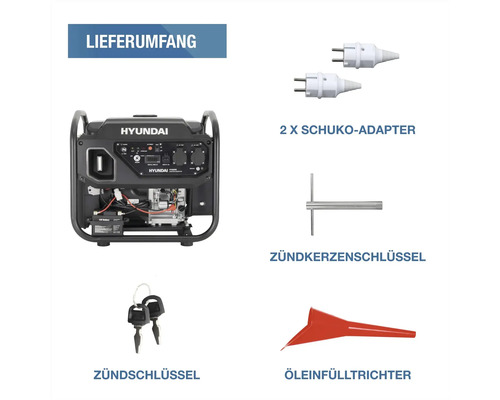 Hyundai Inverter-Stromerzeuger Set: Generator, zwei Schuko-Adapter, Zündkerzenschlüssel, Zündschlüssel und Öleinfülltrichter.