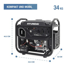 Hyundai Inverter Stromerzeuger HY5000iE mit 34 Kilogramm Gewicht und Maßen von 46,5 Zentimeter Höhe, 52,5 Zentimeter Breite sowie 42 Zentimeter Tiefe.