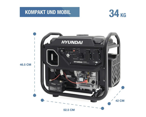 Hyundai Inverter Stromerzeuger HY5000iE mit 34 Kilogramm Gewicht und Maßen von 46,5 Zentimeter Höhe, 52,5 Zentimeter Breite sowie 42 Zentimeter Tiefe.