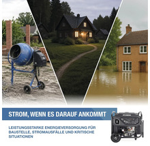 Hyundai Stromerzeuger für Baustellen mit Betonmischer, Häuser bei Stromausfall und Notfallsituationen wie Hochwasser.