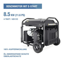 Benzin-Stromerzeuger mit 8,5 Kilowatt, E-Start, 4-Takt-Motor, 420 Kubikzentimeter, Kupferwicklung, Ölmangelschutz und Überlastschutz.
