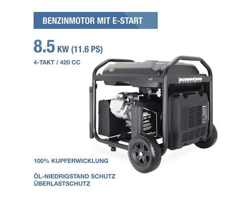 Benzin-Stromerzeuger mit 8,5 Kilowatt, E-Start, 4-Takt-Motor, 420 Kubikzentimeter, Kupferwicklung, Ölmangelschutz und Überlastschutz.