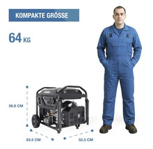 Hyundai Stromerzeuger mit Größenvergleich zu einer Person. Gewicht 64 Kilogramm. Maße 63,5 mal 52,5 mal 56,8 Zentimeter.