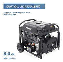 Hyundai Stromerzeuger mit 8.0 Kilowatt maximaler Leistung, bis zu 9 Stunden Laufzeit bei 50 Prozent Last, fahrbar auf Rollen.