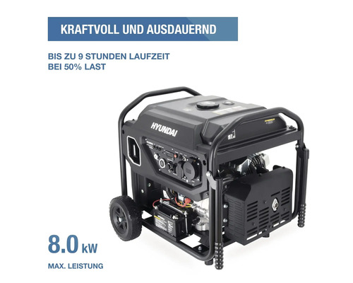 Hyundai Stromerzeuger mit 8.0 Kilowatt maximaler Leistung, bis zu 9 Stunden Laufzeit bei 50 Prozent Last, fahrbar auf Rollen.