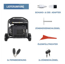 Hyundai Stromerzeuger Lieferumfang mit 2 Fernbedienungen, 2 Zündschlüsseln, Zündkerzenschlüssel, Öleinfülltrichter, Schuko- und CEE-Adapter.