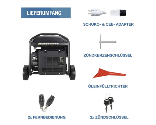 Hyundai Stromerzeuger Lieferumfang mit 2 Fernbedienungen, 2 Zündschlüsseln, Zündkerzenschlüssel, Öleinfülltrichter, Schuko- und CEE-Adapter.