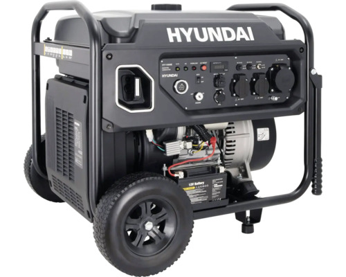 Hyundai Inverter Stromerzeuger mit schwarzem Metallrahmen, Transporträdern, Elektrostart und Bedienfeld mit verschiedenen Steckdosen.