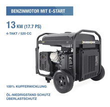 Benzin-Stromerzeuger mit Rahmen, Rädern, elektrischem Start, 13 Kilowatt, 520 Kubikzentimeter, Kupferwicklung, Öl- und Überlastschutz.