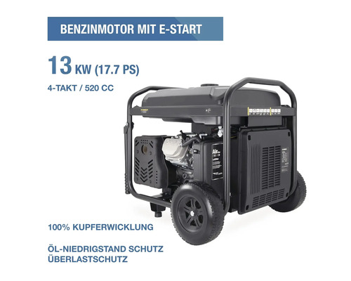 Benzin-Stromerzeuger mit Rahmen, Rädern, elektrischem Start, 13 Kilowatt, 520 Kubikzentimeter, Kupferwicklung, Öl- und Überlastschutz.