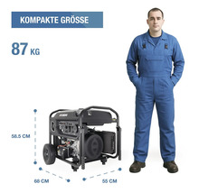 Hyundai Stromerzeuger, 87 Kilogramm, Maße: 68 Zentimeter lang, 55 Zentimeter breit, 58,5 Zentimeter hoch, mit Person zum Größenvergleich.