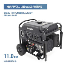 Hyundai Stromerzeuger mit 11,0 Kilowatt maximaler Leistung, Rollen und bis zu elf Stunden Laufzeit bei fünfzig Prozent Last.