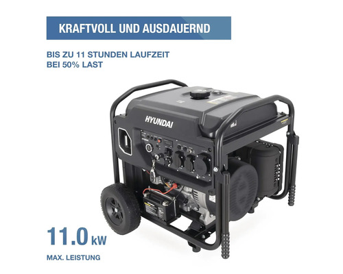 Hyundai Stromerzeuger mit 11,0 Kilowatt maximaler Leistung, Rollen und bis zu elf Stunden Laufzeit bei fünfzig Prozent Last.