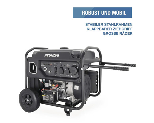 Hyundai Stromerzeuger mit stabilem Stahlrahmen, klappbarem Ziehgriff und großen Rädern für die mobile Stromversorgung.