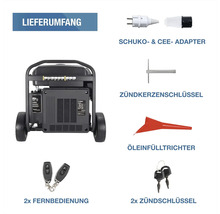 Lieferumfang Stromerzeuger: Generator, Schuko- und CEE-Adapter, Zündkerzenschlüssel, Öleinfülltrichter, zwei Fernbedienungen, zwei Zündschlüssel.