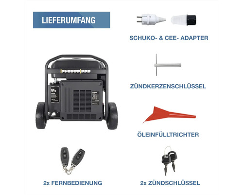 Lieferumfang Stromerzeuger: Generator, Schuko- und CEE-Adapter, Zündkerzenschlüssel, Öleinfülltrichter, zwei Fernbedienungen, zwei Zündschlüssel.