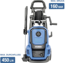 Hyundai Hochdruckreiniger mit Schlauchtrommel, Spritzpistole, maximaler Druck 160 Bar und Durchfluss 450 Liter pro Stunde.