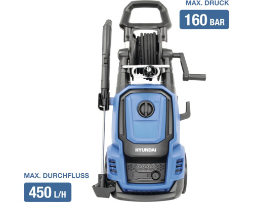 Hyundai Hochdruckreiniger mit Schlauchtrommel, Spritzpistole, maximaler Druck 160 Bar und Durchfluss 450 Liter pro Stunde.