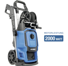 Hyundai Hochdruckreiniger mit 2000 Watt Motorleistung, integrierter Schlauchtrommel, Rädern und Sprühpistole.