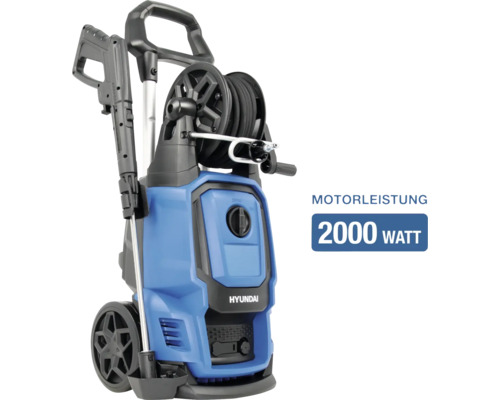 Hyundai Hochdruckreiniger mit 2000 Watt Motorleistung, integrierter Schlauchtrommel, Rädern und Sprühpistole.
