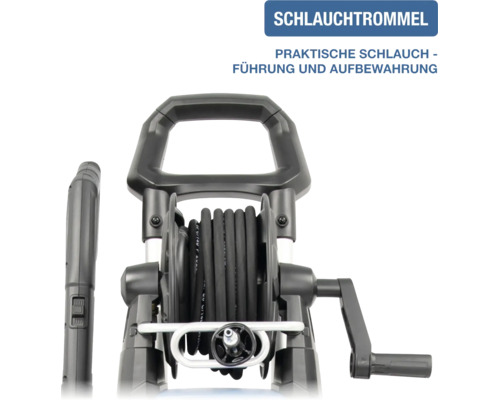 Schlauchtrommel eines Hochdruckreinigers für praktische Schlauchführung und Aufbewahrung.