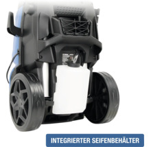Hochdruckreiniger mit integriertem Seifenbehälter auf der Rückseite.