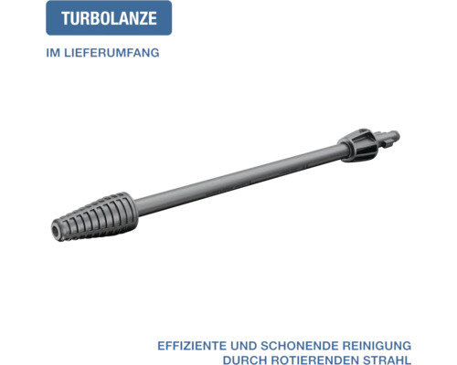 Turbolanze für Hochdruckreiniger aus schwarzem Kunststoff für effiziente Reinigung durch rotierenden Strahl.