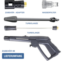 Set von Hochdruckreiniger-Zubehör bestehend aus Sprühpistole, Turbolanze, Wasserfilter und Adapter.