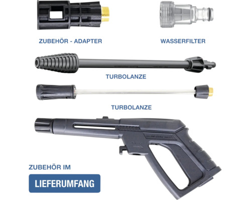 Set von Hochdruckreiniger-Zubehör bestehend aus Sprühpistole, Turbolanze, Wasserfilter und Adapter.
