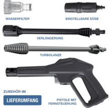 Zubehörset für Hochdruckreiniger mit Wasserfilter, einstellbarer Düse, Verlängerung, Turbolanze und Pistole mit Fernsteuerung.
