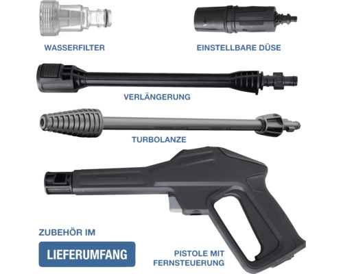 Zubehörset für Hochdruckreiniger mit Wasserfilter, einstellbarer Düse, Verlängerung, Turbolanze und Pistole mit Fernsteuerung.