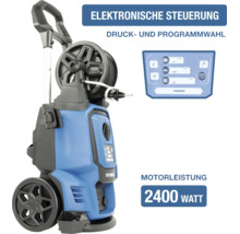 Blauer Hyundai Hochdruckreiniger, 2400 Watt, elektronische Steuerung für Druck- und Programmwahl, integrierte Schlauchtrommel.