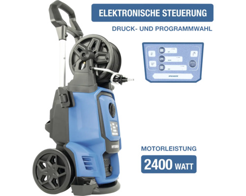 Blauer Hyundai Hochdruckreiniger, 2400 Watt, elektronische Steuerung für Druck- und Programmwahl, integrierte Schlauchtrommel.
