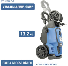 Hyundai Hochdruckreiniger mit stufenlos verstellbarem Griff, 13.2 Kilogramm Gewicht und extra großen Rädern für mobilen Einsatz.