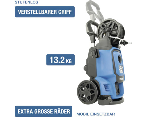 Hyundai Hochdruckreiniger mit stufenlos verstellbarem Griff, 13.2 Kilogramm Gewicht und extra großen Rädern für mobilen Einsatz.