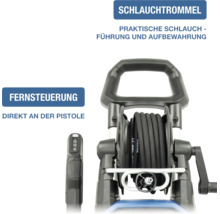 Hochdruckreiniger mit Schlauchtrommel zur Schlauchführung und Aufbewahrung sowie Fernsteuerung direkt an der Pistole.