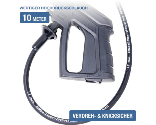 Hochdruckschlauch 10 Meter mit Spritzpistole, verdreh- und knicksicher, bis zu 200 bar und 60 Grad Celsius.
